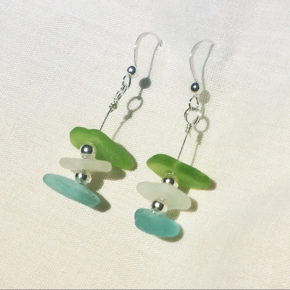 SEAGLASS Aqua Blue, Lime Green & Clear Earrings - Picture 3 of 3